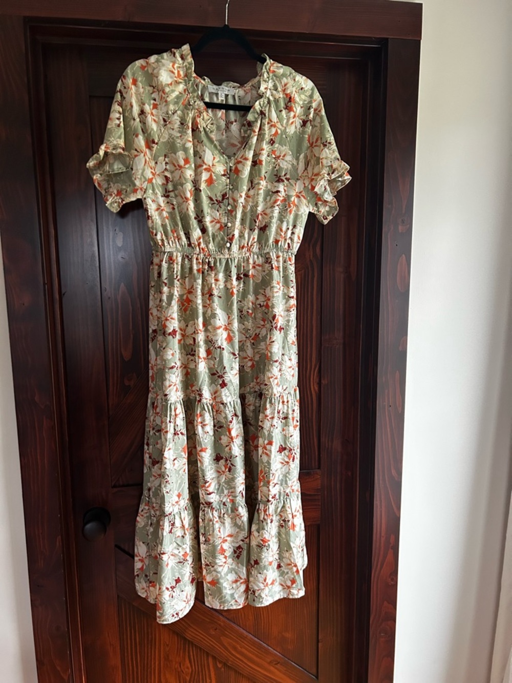 Baltic Born Sage Green Floral Tiered Midi Dress with Orange Accents